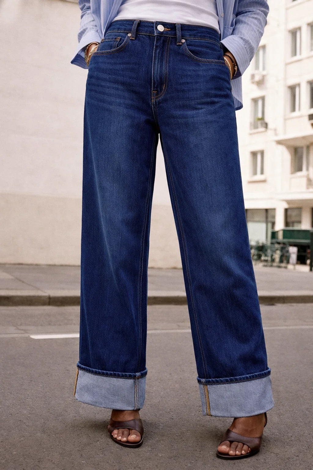 Dark wash wide-leg jeans front view — Clutch Denim