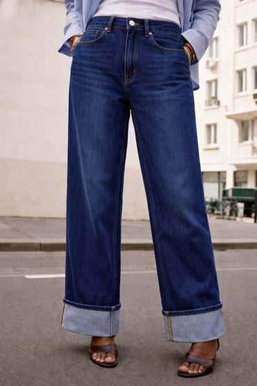 Dark wash wide-leg jeans front view — Clutch Denim
